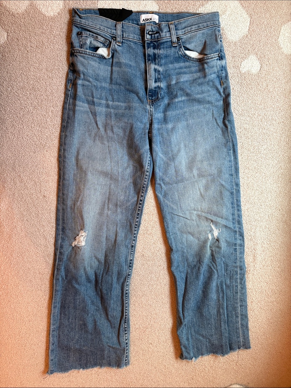 ASKK NY Women's Straight Leg Jeans in Light Blue with Distressed Knees
